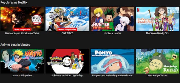 Alguns das opções disponíveis para assistir animes na Netflix