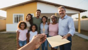 Família brasileira recebendo as chaves da casa nova pelo programa Minha Casa Minha Vida, sorrindo em frente à residência