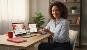 Pessoa brasileira sorrindo segura um certificado digital em tablet ao lado de um laptop com interface de curso online em tons vermelhos