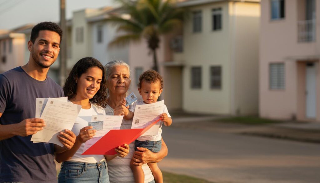 Família brasileira organizando documentos na frente de uma casa para se inscrever no Minha Casa Minha Vida