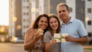 Família brasileira sorrindo com miniatura de casa e pasta nas cores do Minha Casa Minha Vida comemorando a conquista da moradia