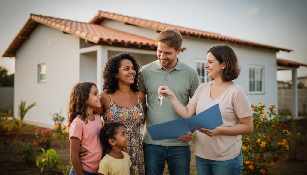 Família brasileira sorrindo em frente à casa nova segurando chaves e documentos que representam o programa Minha Casa Minha Vida