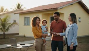 Família brasileira sorrindo recebe as chaves de uma casa pequena com documentos e um laptop ao lado que mostram a simulação do Minha Casa Minha Vida