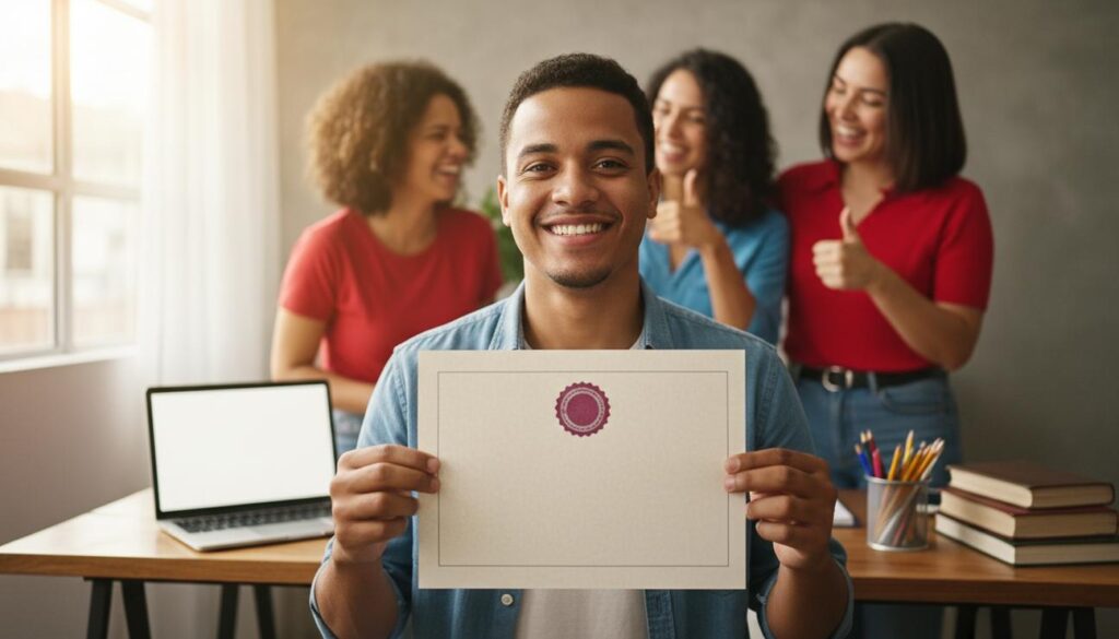 Aluno brasileiro feliz segurando um certificado de curso com selo discreto da Fundação Bradesco em ambiente de estudo