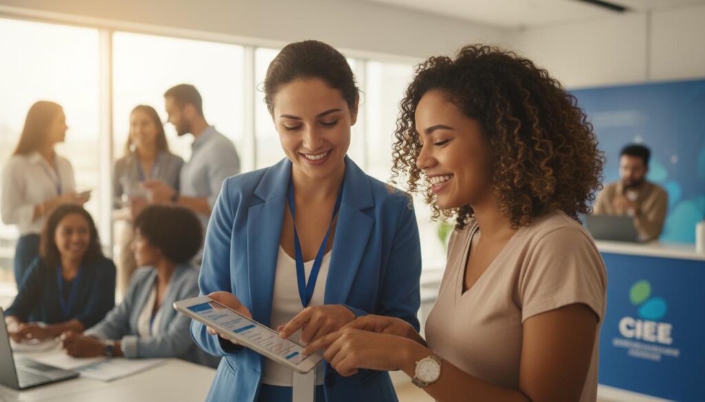 Jovem sorrindo em escritório recebendo orientação para se cadastrar no programa Jovem Aprendiz do CIEE
