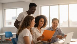 Jovens brasileiros em sala de treinamento sorrindo enquanto um mentor explica tarefas em um computador