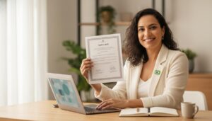 Profissional brasileira sorrindo segurando um certificado enquanto usa um notebook com um curso online do Aprenda Mais MEC