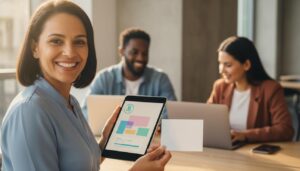 Pessoa brasileira segura tablet com plataforma de cursos Aprenda Mais MEC e colegas trabalhando ao fundo