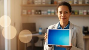 Pequeno empreendedor brasileiro sorrindo na sua loja com tablet que mostra um curso online do Sebrae em tela desfocada