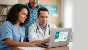 Profissionais de saúde brasileiras fazendo curso online no laptop com certificado ao lado