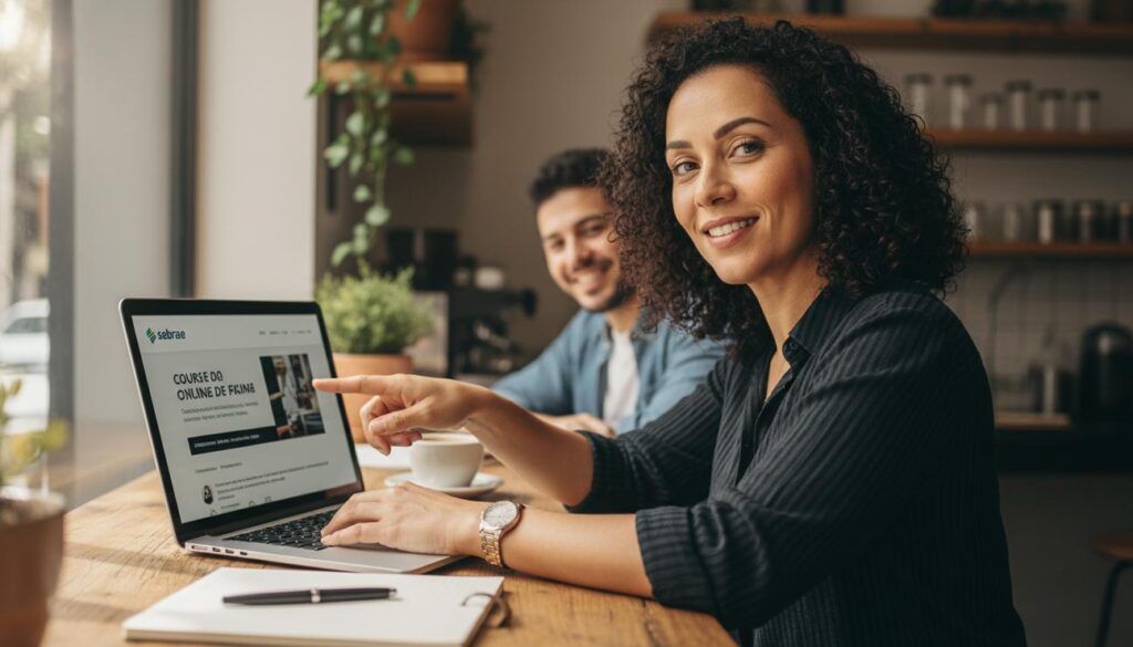 Empreendedora brasileira sorrindo enquanto faz um curso gratuito do Sebrae no laptop dentro da sua loja