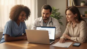 Três profissionais de saúde brasileiros estudando no laptop com a página da Una-SUS aberta e um certificado na mesa