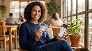 Pessoa brasileira sorrindo segura um cartão Amazon Mastercard e um celular mostrando controle financeiro