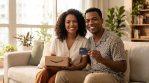 Duas pessoas brasileiras sorrindo; uma segura um cartão Amazon Mastercard e a outra segura uma embalagem da Amazon