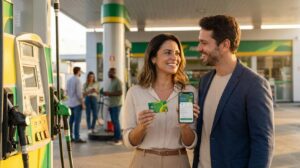 Pessoa brasileira segurando cartão verde e amarelo do Petrobrás Premmia perto de bomba de combustível mostrando praticidade e economia