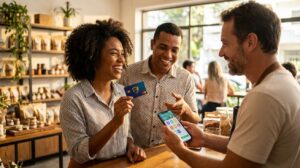 Pessoa brasileira segurando cartão Porto Seguro e celular mostrando pontos e descontos no app, sorrindo em loja