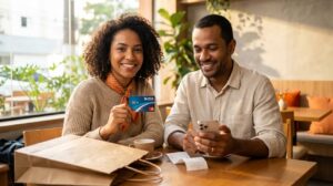 Duas pessoas brasileiras sorrindo enquanto uma segura um cartão Porto Seguro com sacolas de compras e um celular ao lado, mostrando vantagens e descontos.