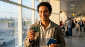 Pessoa brasileira segurando cartão verde do Sicredi e passaporte em aeroporto pronta para viajar e organizar as finanças