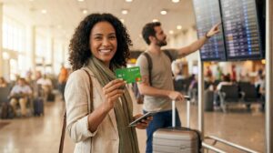 Pessoa brasileira no aeroporto segurando cartão Sicredi e passaporte mostrando praticidade e segurança em viagens