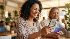 Pessoa brasileira sorrindo segurando cartão Novucard Visa e celular mostrando aprovação de crédito rápida