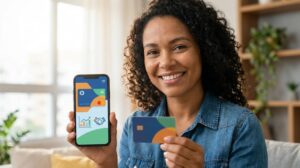 Pessoa brasileira segurando celular que mostra o cartão Novucard em app para pedir crédito rápido sem burocracia