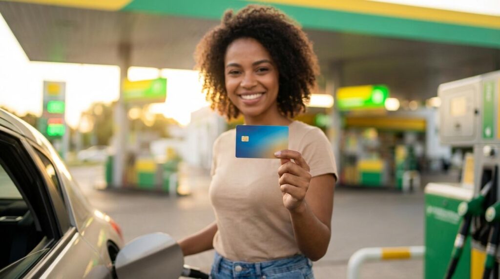 Pessoa brasileira sorrindo segurando um cartão perto da bomba em posto com cores da Petrobras