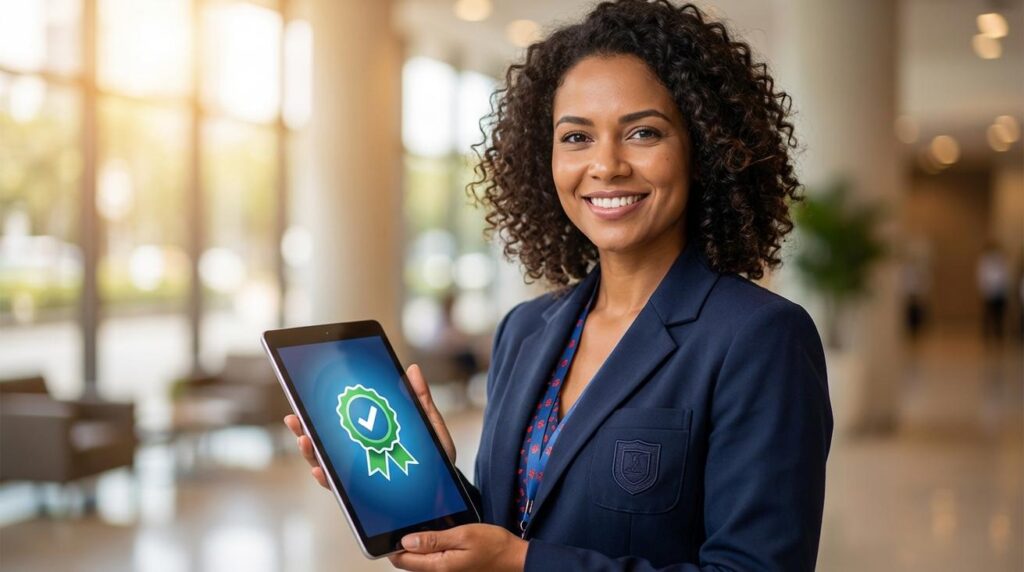 Pessoa brasileira sorrindo segura um tablet com um certificado digital ilustrado e tem um emblema discreto do SEST SENAT na roupa