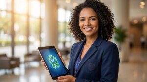 Pessoa brasileira sorrindo segura um tablet com um certificado digital ilustrado e tem um emblema discreto do SEST SENAT na roupa