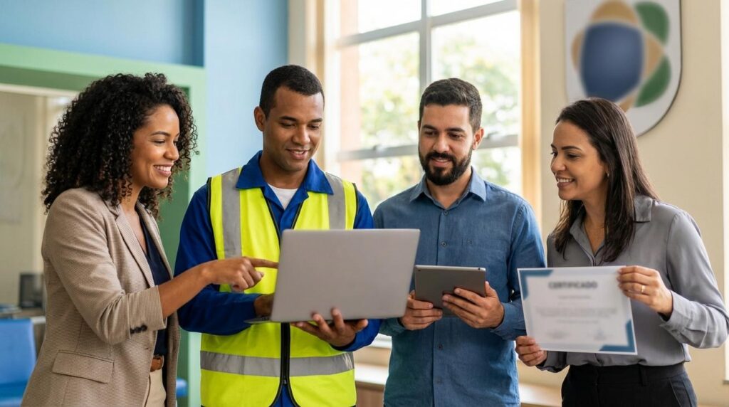 Profissionais brasileiros em um centro de treinamento do SEST SENAT aprendendo com laptop e certificado desfocado