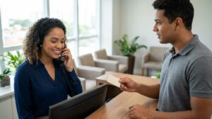Mulher recepcionista atendendo ao telefone e um homem segurando um cartão de desconto em uma clínica, ambos com feições brasileiras