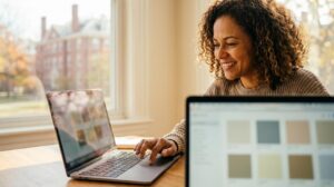 Mulher brasileira sentada à mesa usando laptop e sorrindo com o campus de Harvard desfocado ao fundo mostrando que ela acessa cursos gratuitos de Harvard