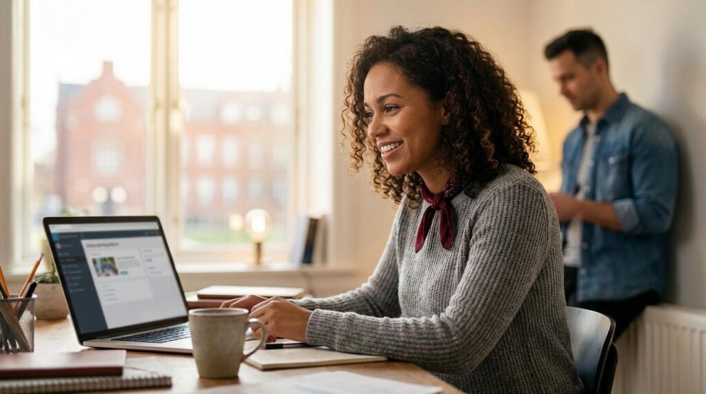 Uma mulher brasileira estudando no laptop em casa com um homem ao fundo e um prédio de tijolos vermelhos desfocado que lembra a universidade de Harvard