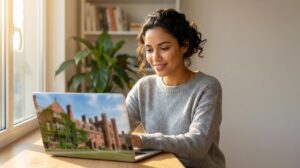 Mulher brasileira usando laptop em casa vendo imagem do campus da Harvard na tela pronta para começar um curso online