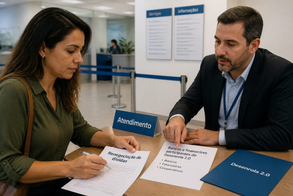 A Brazilian woman reviews debt renegotiation papers while a bank advisor points to a list of participating banks and finance companies for Desenrola two point zero.