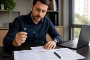 Brazilian professional reviewing requirements documents while holding a blue Visa Infinite credit card at a desk