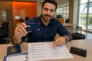 Brazilian man at a bank desk holding a Azul Visa Infinite Itaú credit card while pointing to travel benefits and points documents.