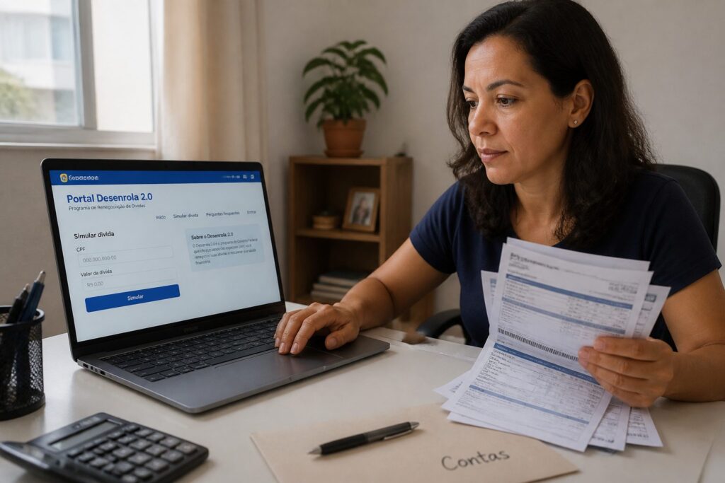 Brazilian woman using a laptop to access the Desenrola portal and simulate a debt while holding printed bills at a desk