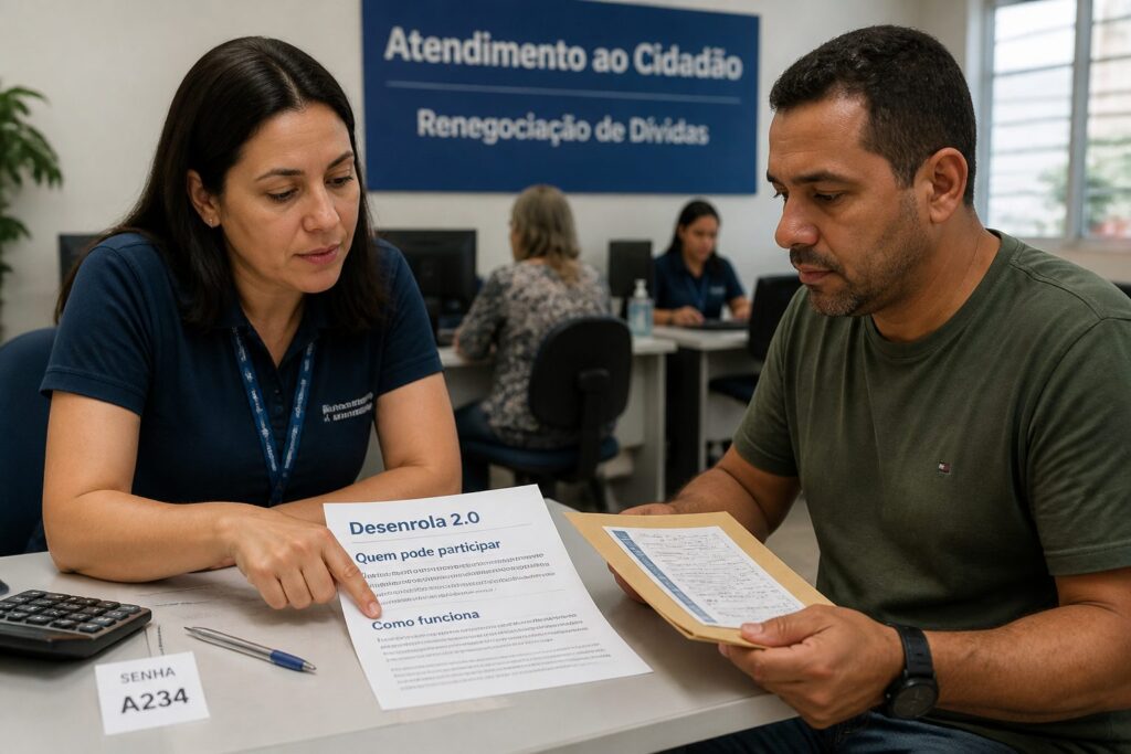 A Brazilian government service worker explains a Desenrola two point zero eligibility document to a man at a help desk.