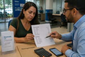 Brazilian woman reviews a printed overdraft and loan statement while a bank attendant helps renegotiate debt under Desenrola