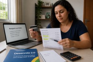 Brazilian woman reviews a credit card bill and documents while negotiating debt with a Desenrola program leaflet on the desk