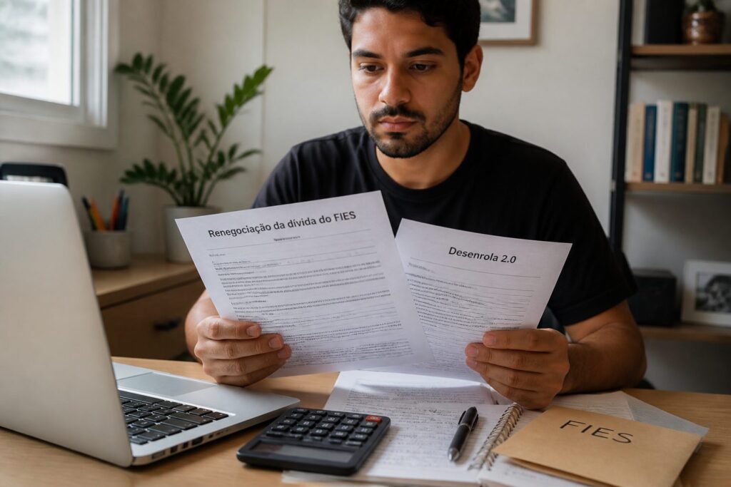 Brazilian student at a desk holding FIES debt renegotiation papers and a Desenrola document while reviewing them on a laptop