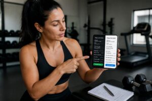 Woman in a gym comparing workout training apps on her smartphone while planning a workout.