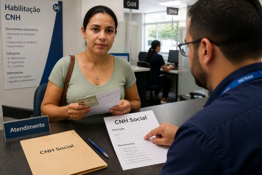 Brazilian woman at a government service counter applying for CNH Social with documents while a clerk reviews the form