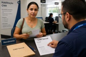 Brazilian woman at a government service counter applying for CNH Social with documents while a clerk reviews the form