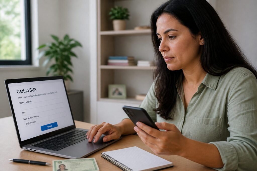 Brazilian woman using a laptop and smartphone to fill out an online Cartao SUS registration form at a home desk