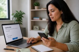 Brazilian woman using a laptop and smartphone to fill out an online Cartao SUS registration form at a home desk