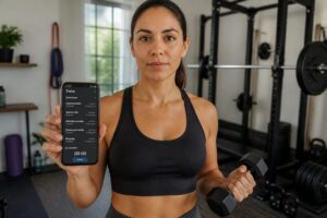 Woman in a gym holding a smartphone with a workout training app while holding a dumbbell, with home workout gear in the background