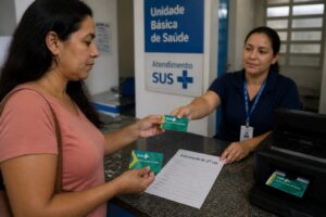 Brazilian woman at a public health clinic counter holding a printed SUS health card while a receptionist helps with a replacement request