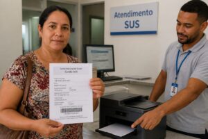 Brazilian woman prints her SUS card at a public service desk while an attendant helps her at the printer