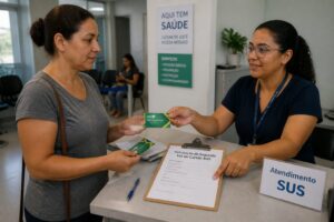 Brazilian woman at a public health service counter requesting a replacement SUS card from a clerk with a Portuguese form on the desk